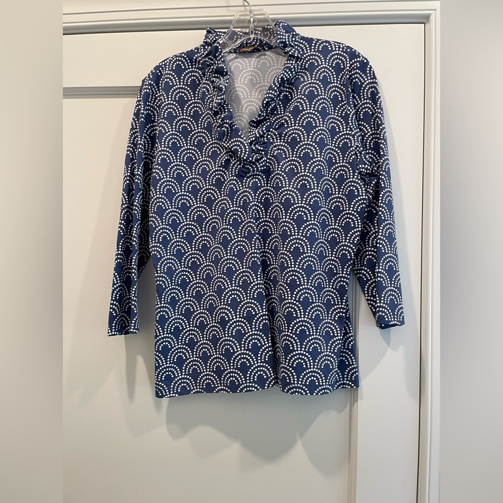 J. McLaughlin Like New Ruffle Neck Blue and White Patterned Blouse L